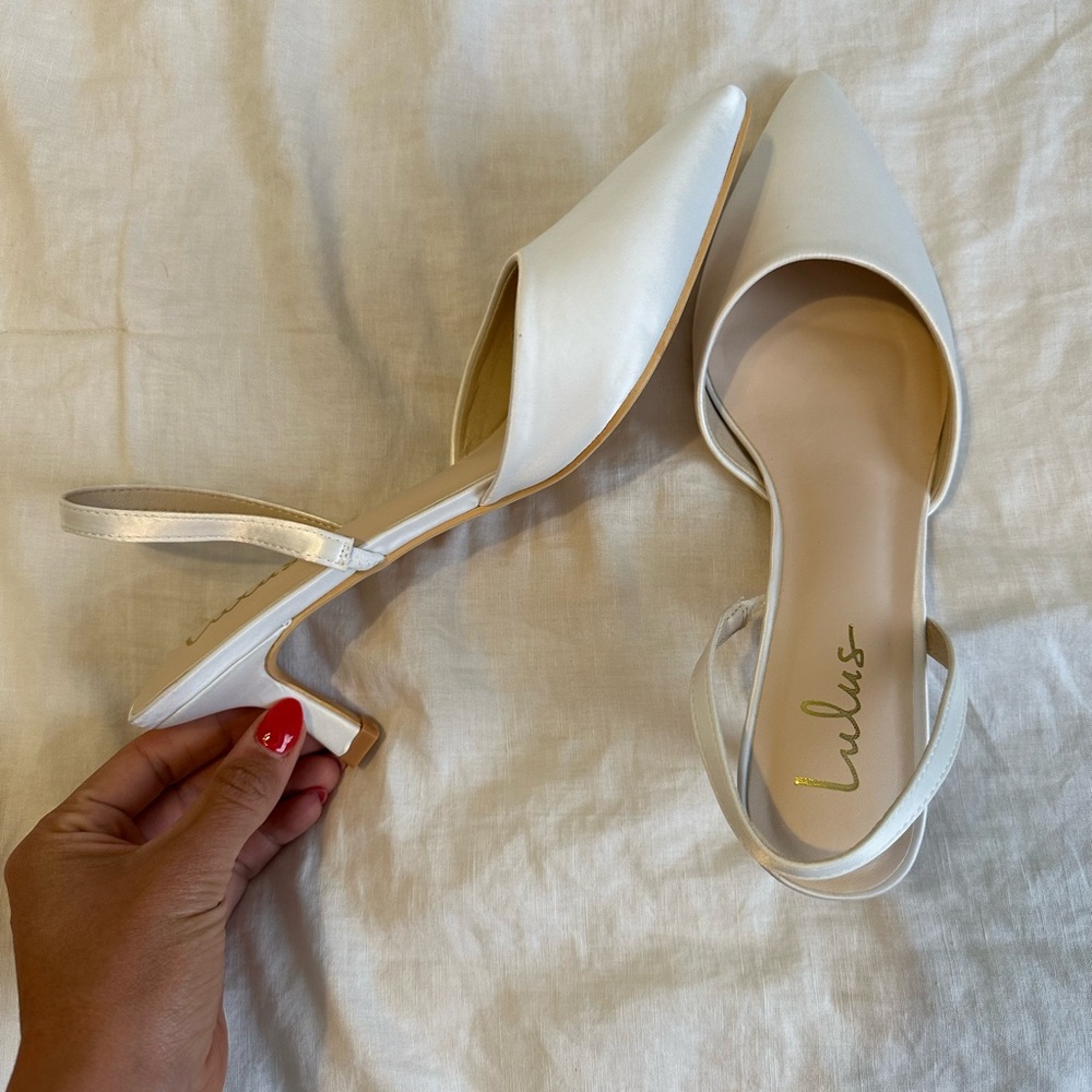 LULUs white satin pointed heels
